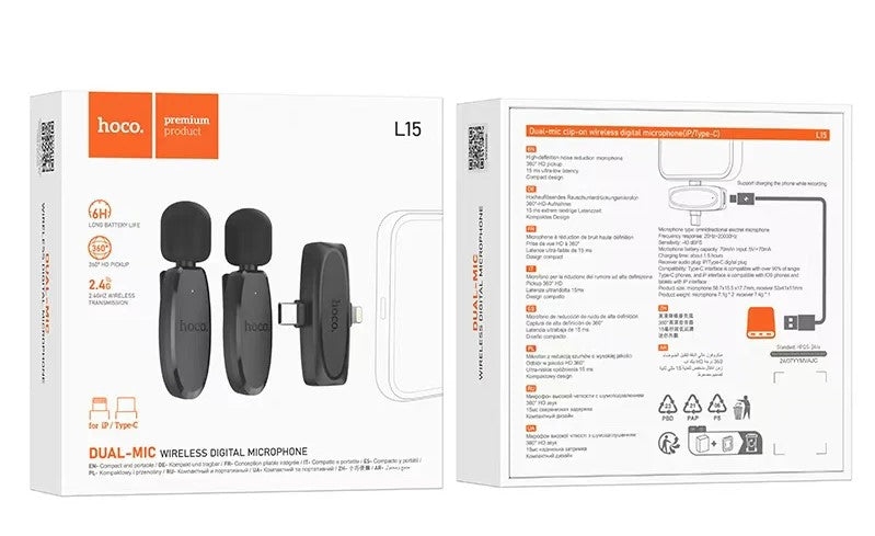 Hoco L15 Dual-mic clip-on wireless digital microphone(iP/Type-C) black