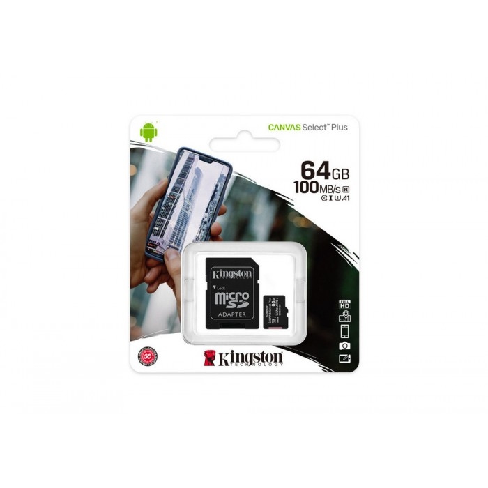 .64GB MicroSD (Class 10) UHS-I (U1) +SD adapter, Kingston Canvas Select+ 'SDCS2/64GB' (R:100MB/s)
