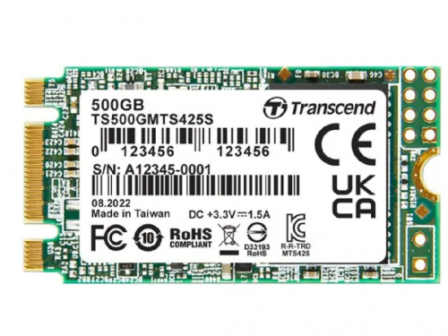 M.2 SATA SSD  500GB  Transcend TS500GMTS425S  42mm, R/W:530/480MB/s, 50K/75K IOPS, 180 TBW