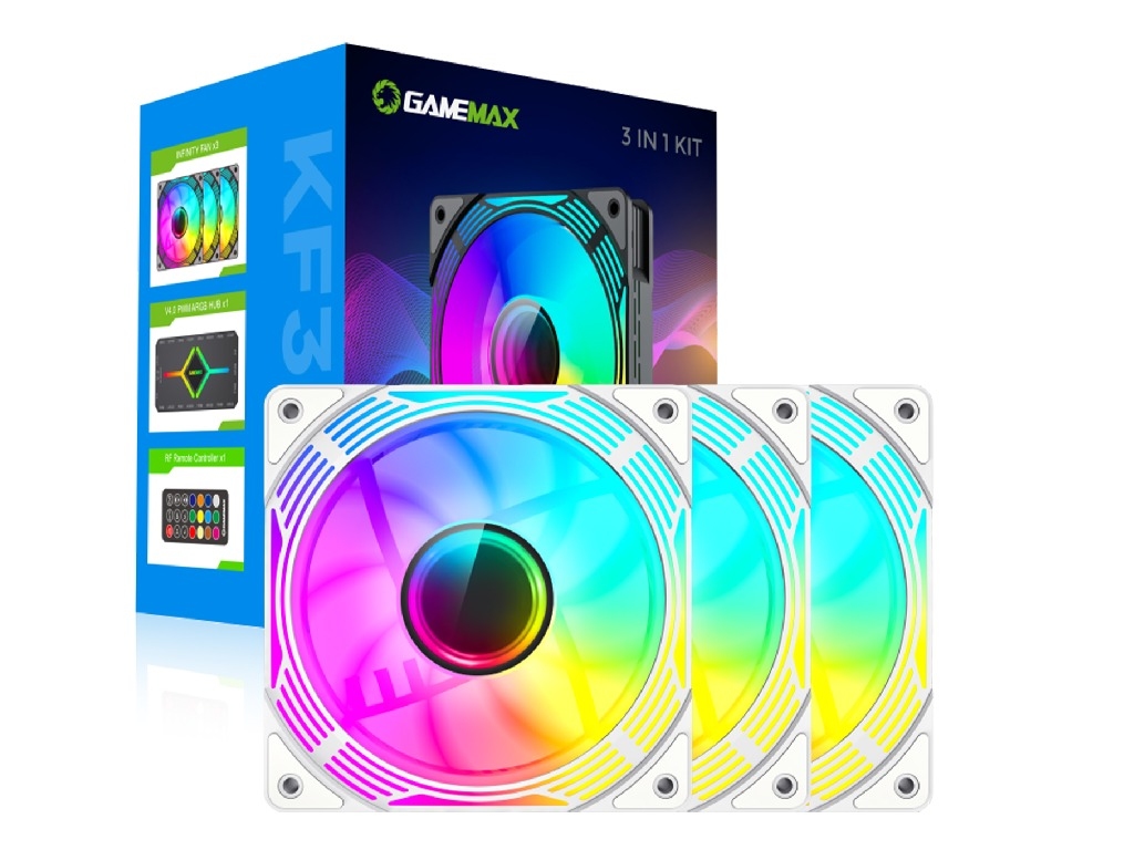 PC Case Fan GAMEMAX KF300 WH, 3xARGB Fan Kit, 120mm, <31.21dB, 800-1600RPM, Remote+ Hub, White.