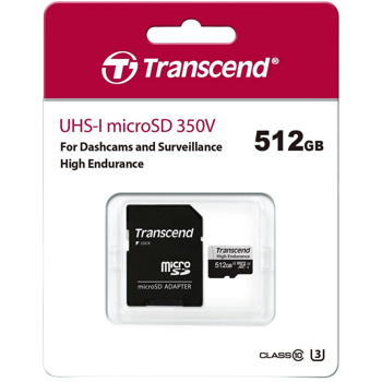 '512GB MicroSD (Class 10) UHS-I (U3),+SD adapter, Transcend ''TS512GUSD350V'' (R/W:95/45MB/s,Enduran