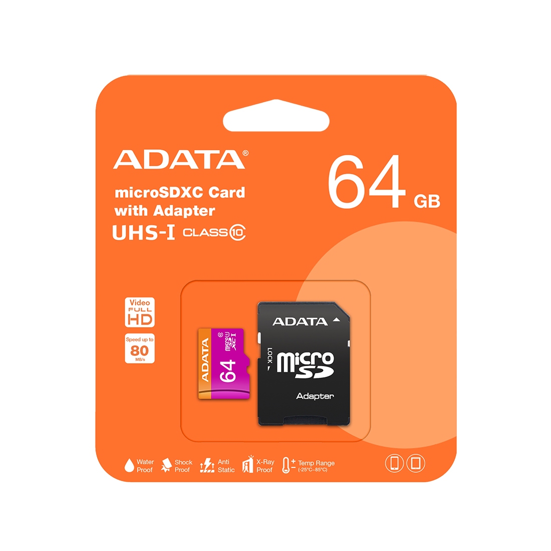64GB MicroSD (Class 10) UHS-I (U1) +SD adapter, ADATA Premier 'AUSDX64GUICL10A1-RA1' (R/W:100/25MB/