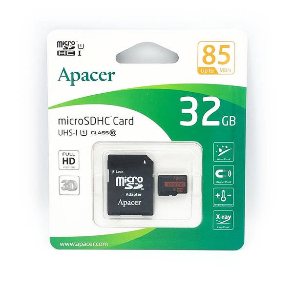 ..32GB MicroSD (Class 10) UHS-I (U1) +SD adapter, Apacer 'AP32GMCSH10UB-R' (R:100MB/s)