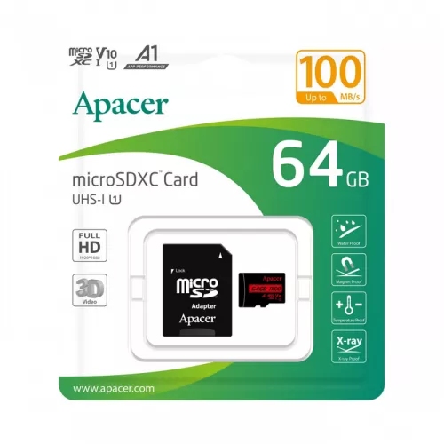 ..64GB MicroSD (Class 10) UHS-I (U1) +SD adapter, Apacer 'AP64GMCSX10UB-R' (R:100MB/s)