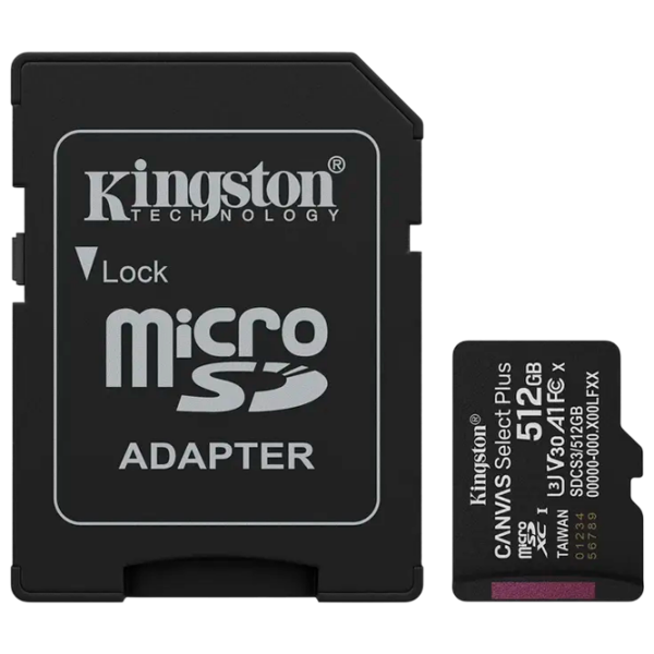 .512GB MicroSD (Class 10) UHS-I (U3) +SD adapter, Kingston Canvas  Select Plus Gen3 'SDCS3/512GB' (R