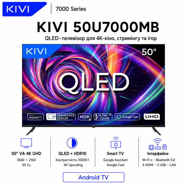 55' LED SMART TV KIVI 55U7000MB, QLED, 4K UHD, Android TV, Black