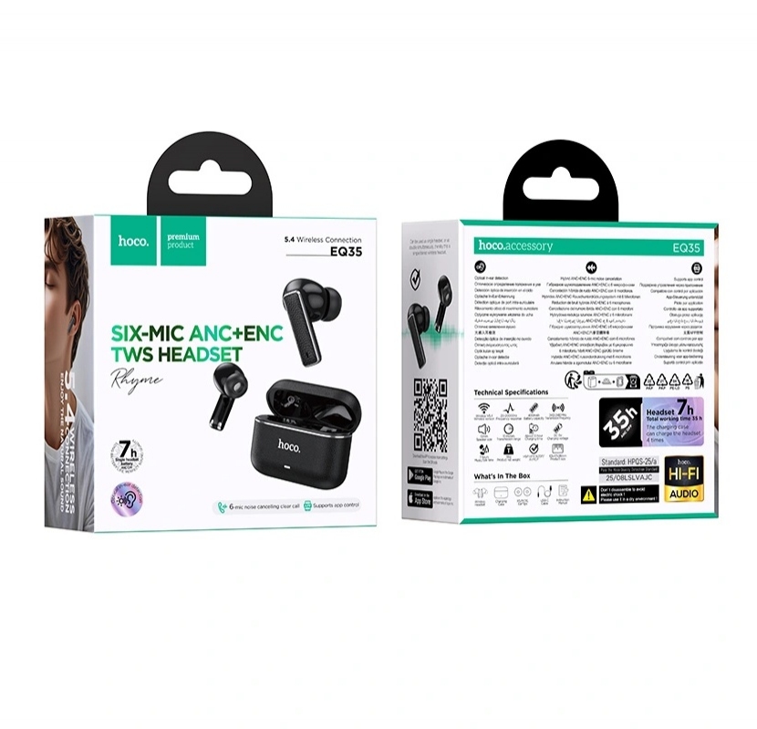 Hoco EQ35 Rhyme true wireless ANC+ENC six microphones noise reduction BT headset(App) black