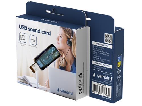 Sound Card Gembird SC-USB-02, USB, 2х3.5 mm sockets stereo output, microphone mono input