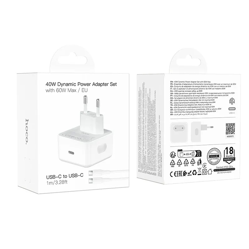 Hoco C161A Speed single port PD40W charger set(C to C)(EU) white