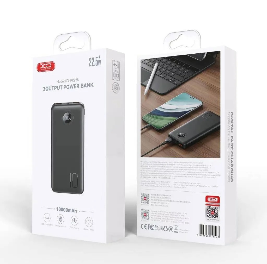 XO PR238 USB-C 20W/USB-A 22.5W Digital Fast Charger 10000mAh Black