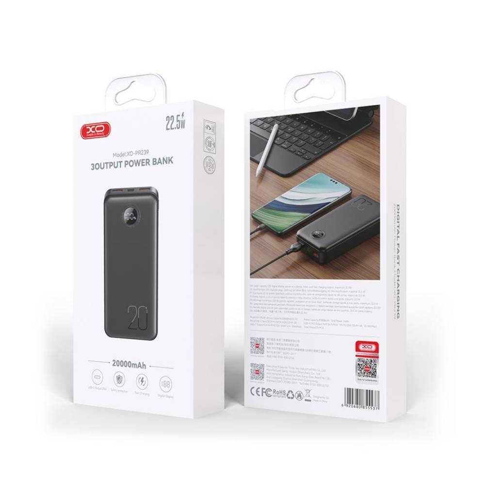 XO PR239 USB-C 20W/USB-A 22.5W Digital Fast Charger 20000mAh Black
