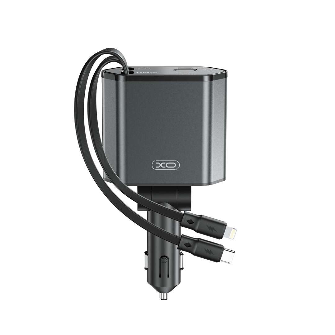 XO CC62 Metal 4in1 Retractable Car Charger (t-c cable 100W+ip cable 12W+USB-C5V3A+USB-A5V2.4A) gray