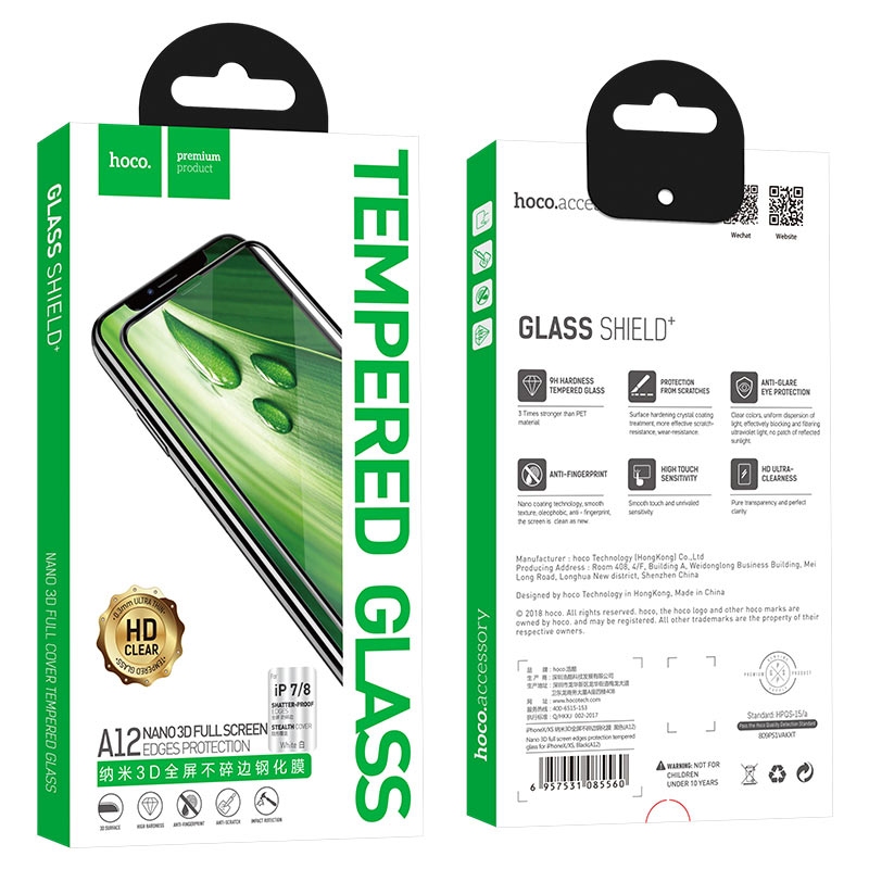 Hoco Nano 3D full screen edges protection tempered glass for iPhone7/8(A12) Black
