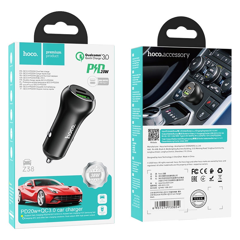 HOCO Z38 Resolute PD20W+QC3.0 car charger Black