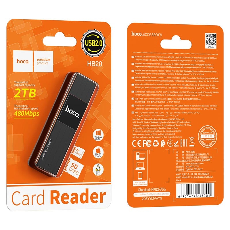 Hoco HB20 Mindful 2-in-1card reader(USB2.0) black