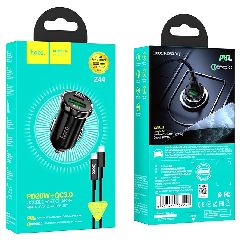 Hoco Z44 Leading PD20W+QC3.0 car charger set(Type-C to iP) black