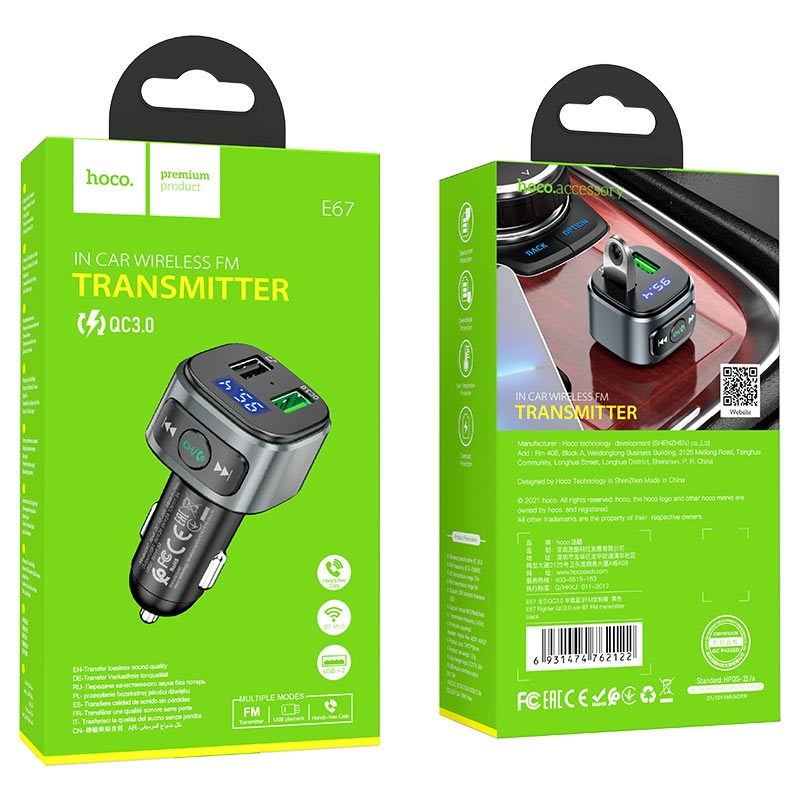 HOCO E67 Fighter QC3.0 car BT FM transmitter black