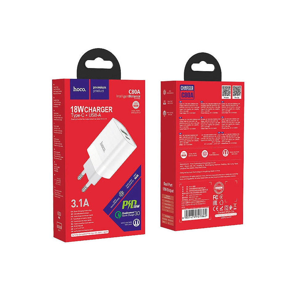 Hoco C80A Plus Rapido PD20W+QC3.0 charger(EU) white