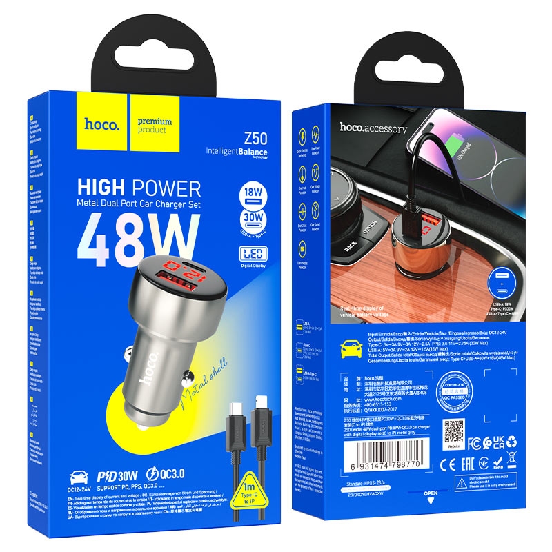 Hoco Z50 Leader 48W dual-port PD30W+QC3.0 car charger with digital display set(C to iP) metal gray