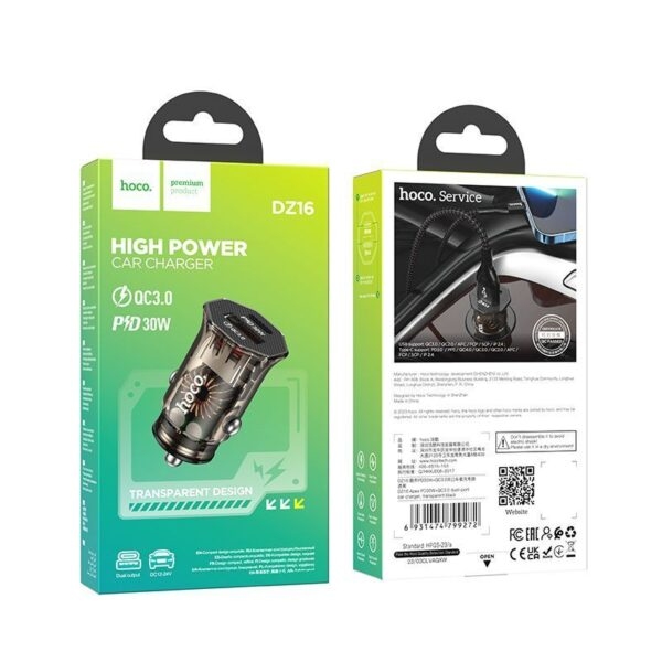Hoco DZ16 Apex PD30W+QC3.0 dual-port car charger transparent black