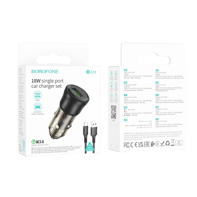 Авто Зарядное Устройство Borofone BZ23 1USB QC18W+Micro (Прозрачно-черный)