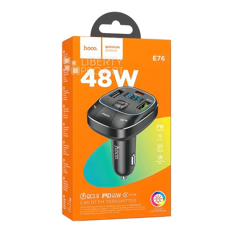 Hoco E76 Pole PD45W+QC3.0 car BT FM transmitter obsidian black