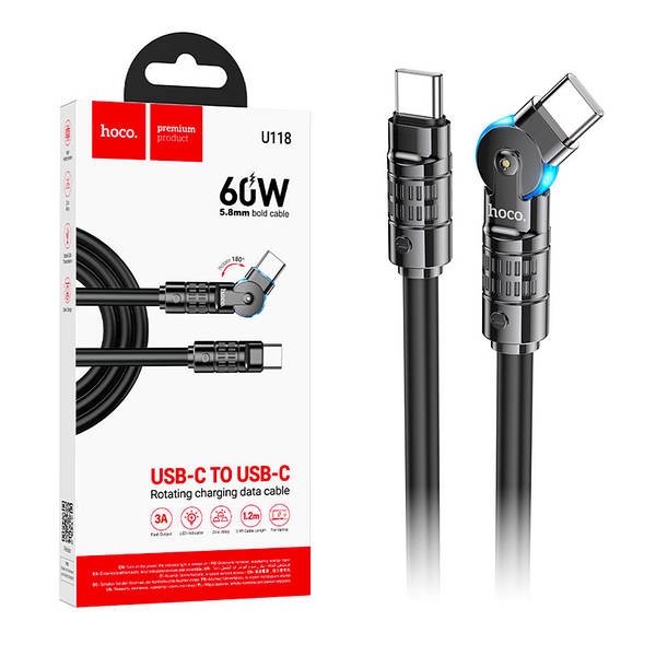 Hoco U118 Type-C to Type-C Triumph 60W rotating charging data cable black