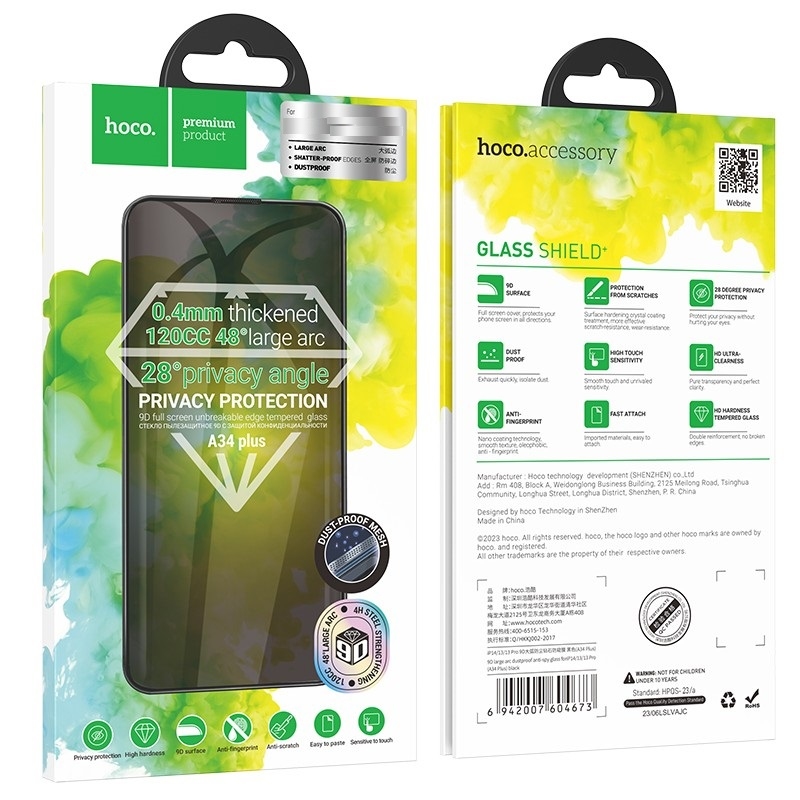 Hoco 9D large arc dustproof anti-spy glass for iP15(A34 Plus) black