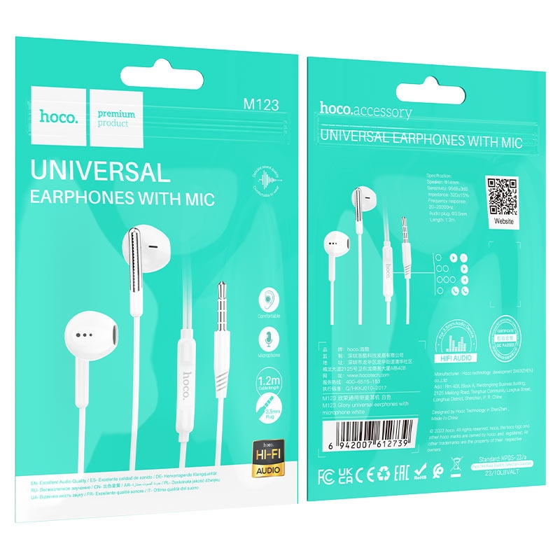 Hoco M123 Glory universal earphones with microphone white