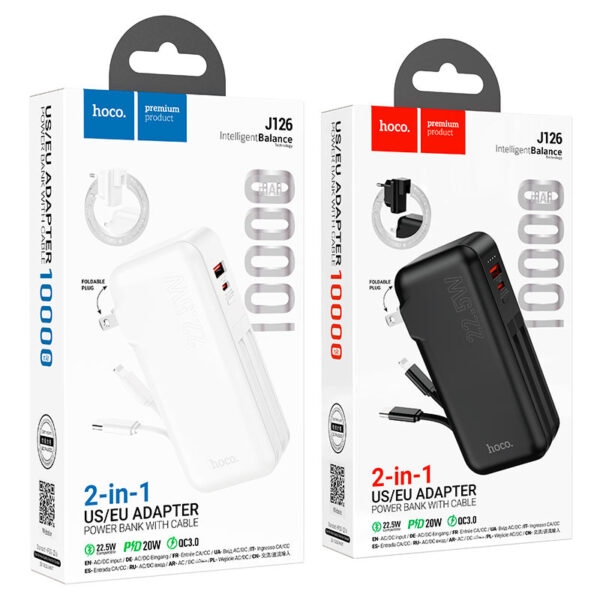 Hoco J126 Travel 22.5W fully compatible power bank with cable(US/EU)(10000mAh) black