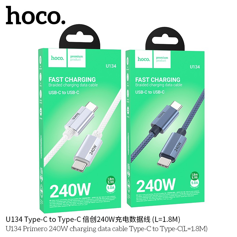 Hoco U134 Primero 240W charging data cable Type-C to Type-C(L=1.8M) gray