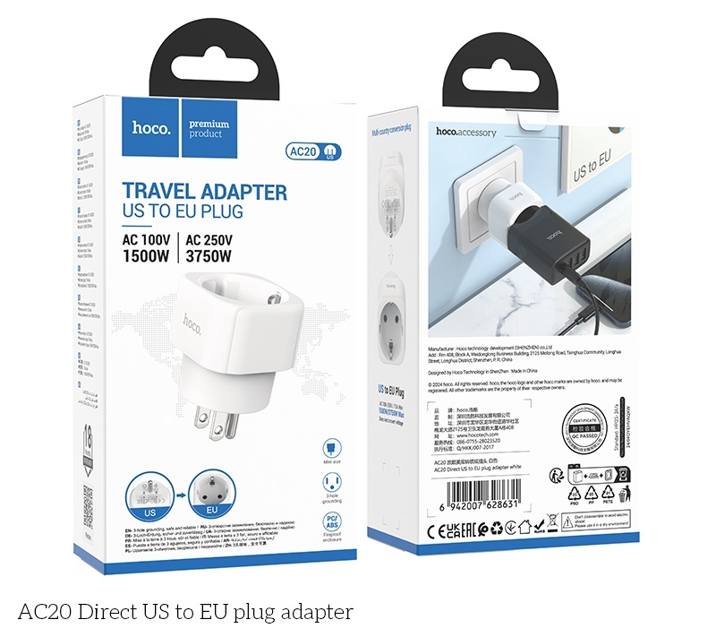 Hoco AC20 Direct US to EU plug adapter white