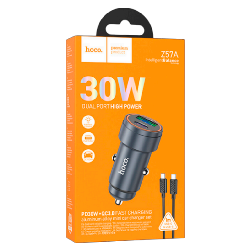 Hoco Z57A Glorious PD30W+QC3.0 car charger set(C to iP) metal gray