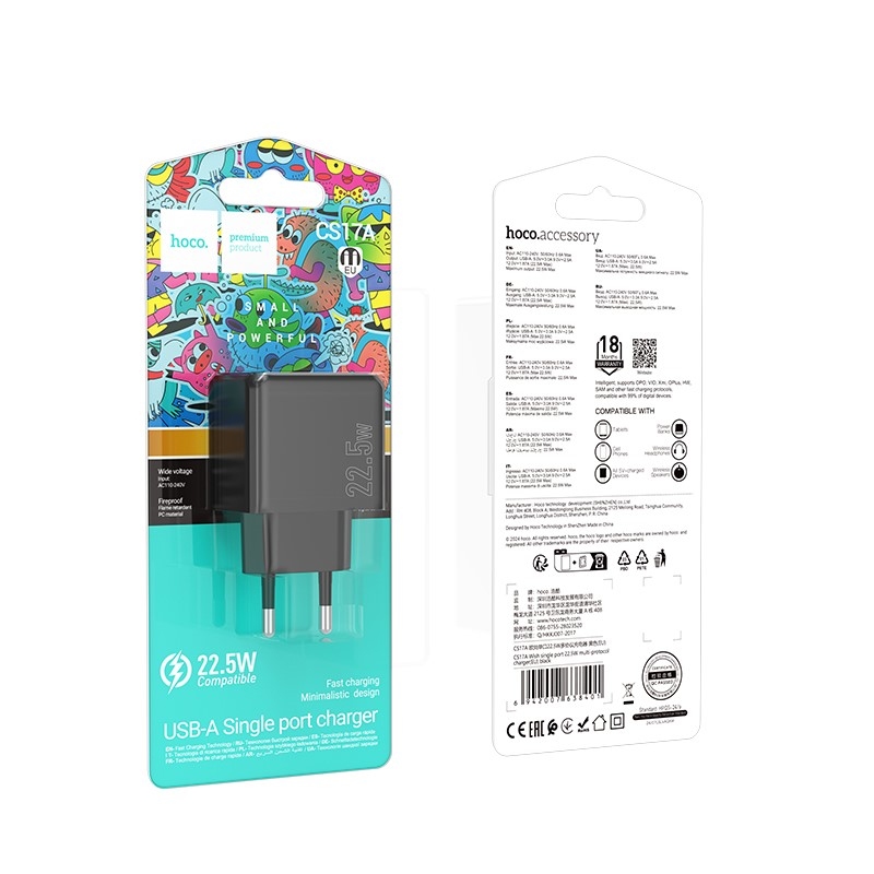 Hoco CS17A Wish single port 22.5W multi-protocol charger(EU) black