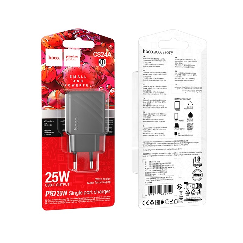 Hoco CS24A Puerto single-port PD25W charger(EU) black