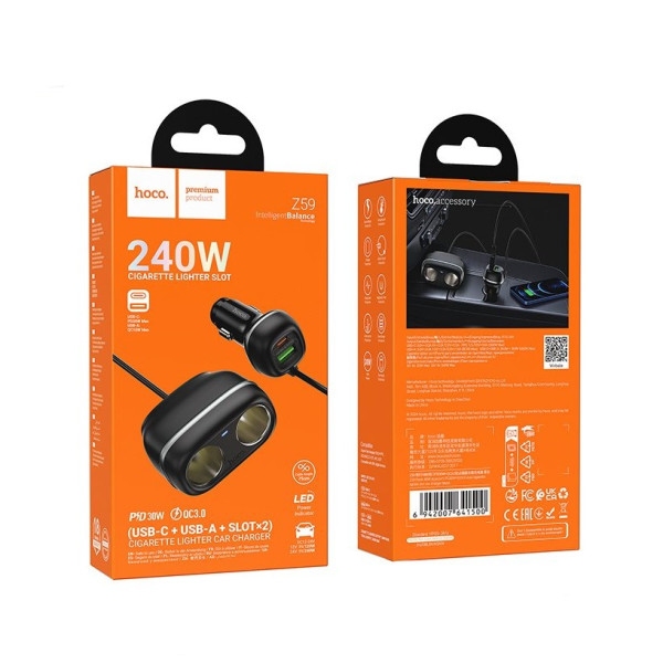 Hoco Z59 Rank 48W dual port PD30W+QC3.0 dual cigarette lighter slot car charger black