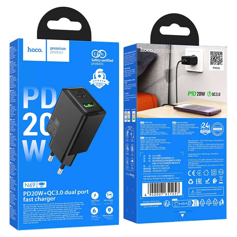 Hoco N69 Nuevo PD20W+QC3.0 charger(EU) black