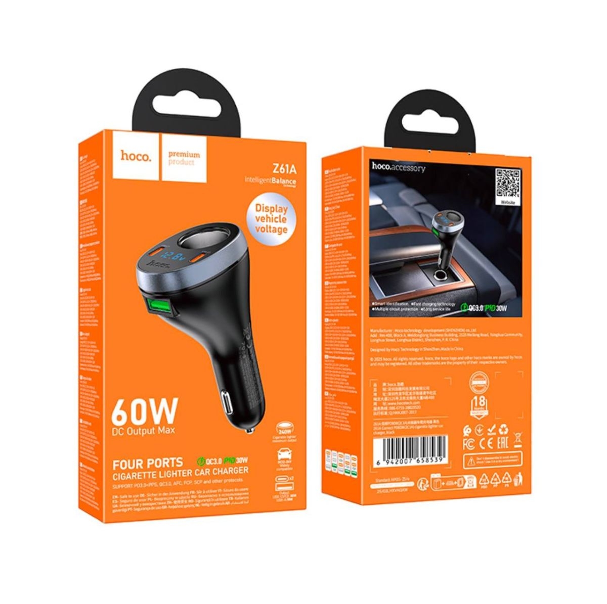 Hoco Z61A Correct PD60W(2C1A) cigarette lighter car charger black
