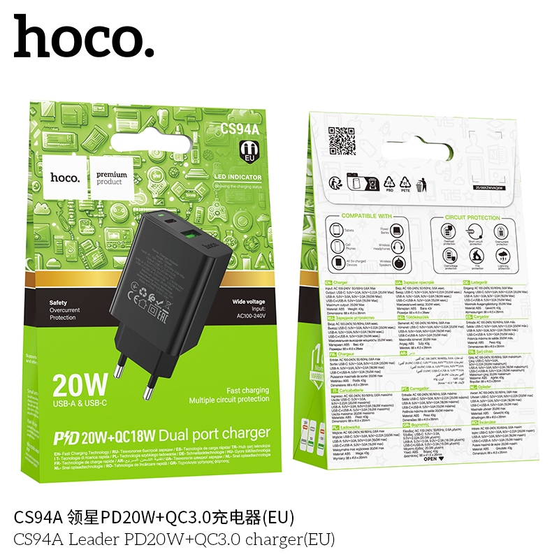 Hoco CS94A Leader PD20W+QC3.0 charger(EU) black