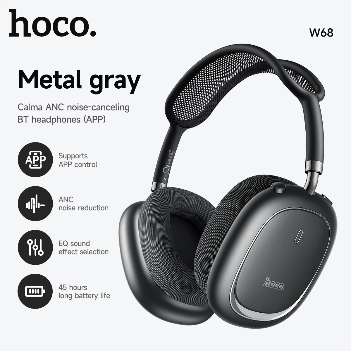 Hoco W68 Calma ANC noise-canceling BT headphones(App) metal gray