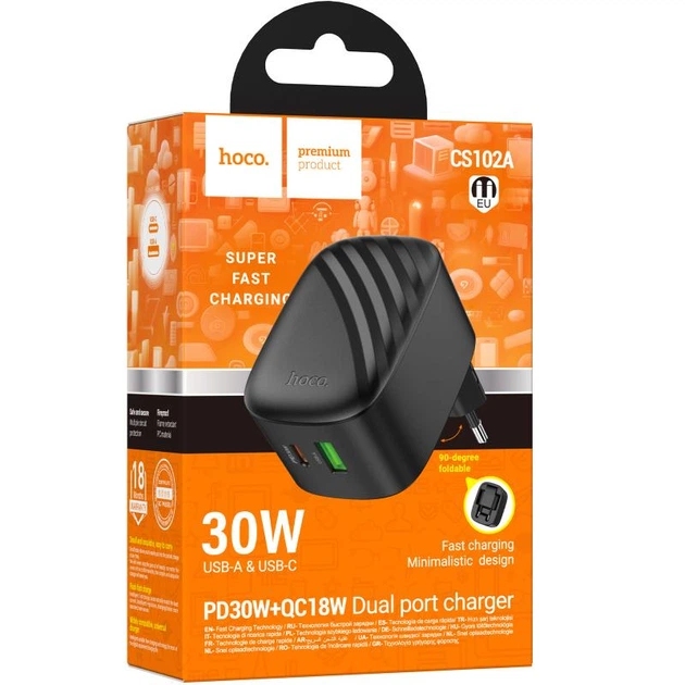 Hoco CS102A folding PD30W+QC3.0 charger(EU) black