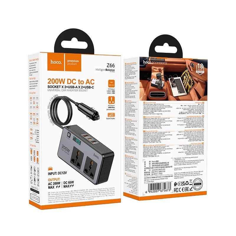 Hoco Z66 New 2-socket universal(PD66W/1C2A) car inverter black