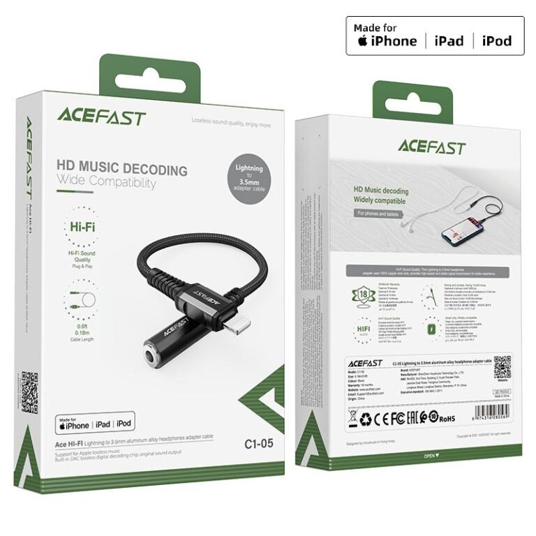 ACEFAST C1-05 Lightning to 3.5mm aluminum alloy headphones adapter cable deep space gray