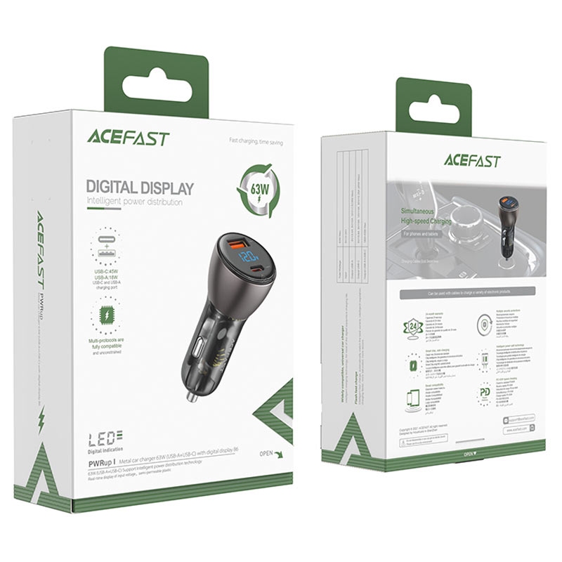 ACEFAST B6 metal car charger 63W (USB-A+USB-C) with digital display transparent,black