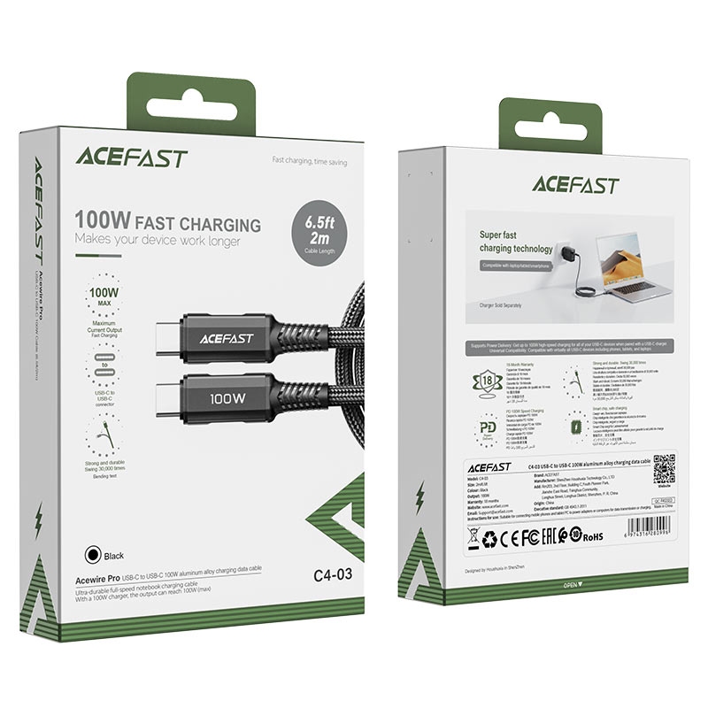 Acefast C4-03 USB-C to USB-C 100W aluminum alloy charging data cable,black black
