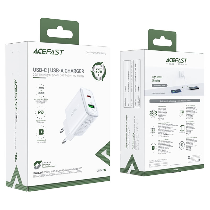 ACEFAST A25 PD20W (USB-C+USB-A) dual port charger,white (EU)