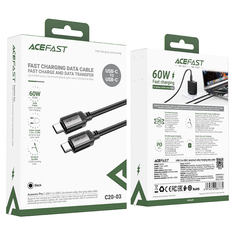 Acefast C20-03 USB-C to USB-C aluminum alloy charging data cable,black black