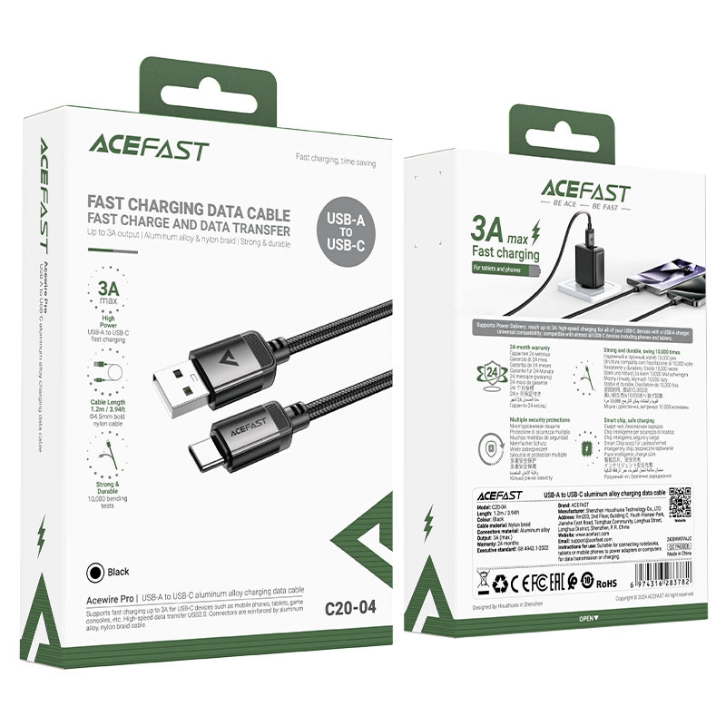 Acefast C20-04 USB-A to USB-C aluminum alloy charging data cable,black black