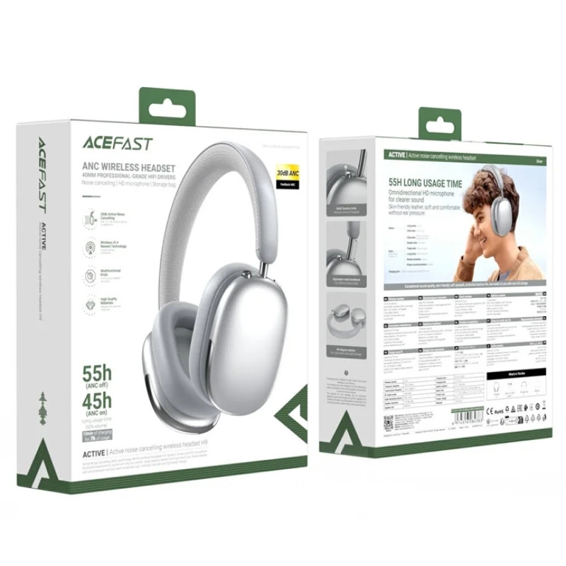 Acefast H9 active noise cancelling wireless headset silver