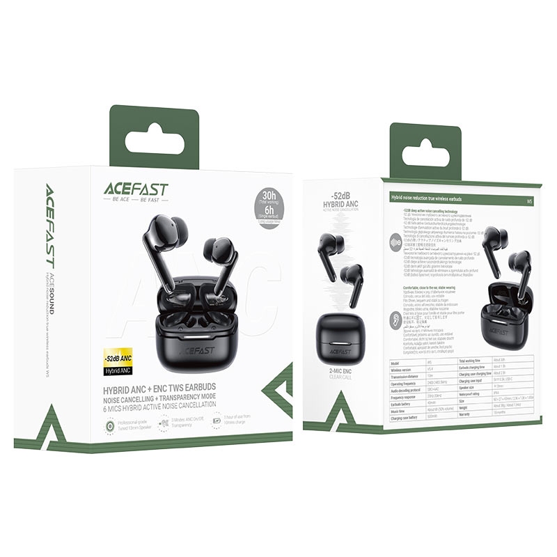 Acefast W5 hybrid noise reduction true wireless earbuds black